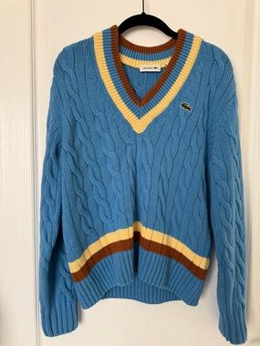 Lacoste Women's V-Neck Cable Knit Wool Sweater